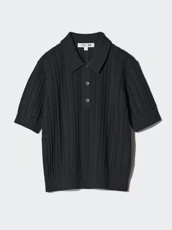 Uniqlo Tops - Uniqlo Black Knit Short Sleeve Cotton Popcorn Polo Sheer Pointelle Sweater Small